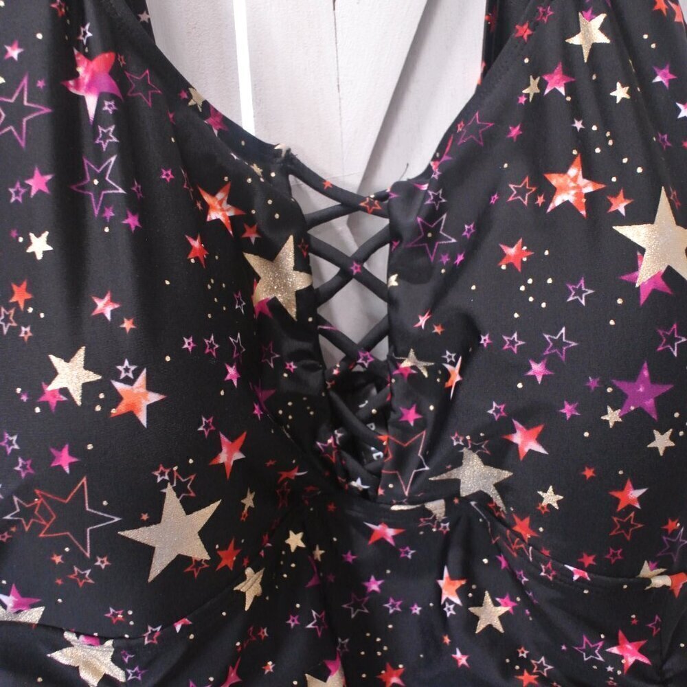 Torrid Black & Gold Foil Star Lattice Wireless One-Piece Swimsuit - Picture 9 of 9